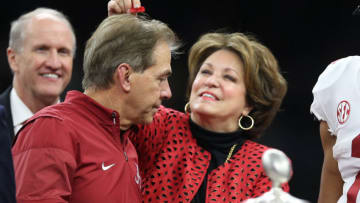 Terry Saban pulls a piece of confetti off of the head of Alabama Crimson Tide head coach Nick Saban after the game against the Clemson Tigers in the 2018 Sugar Bowl college football playoff semifinal game at Mercedes-Benz Superdome. Mandatory Credit: Chuck Cook-USA TODAY Sports