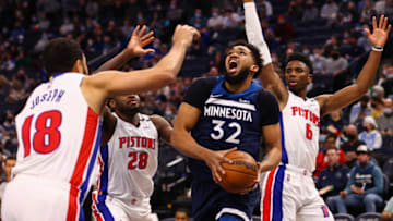 Minnesota Timberwolves center Karl-Anthony Towns (32) drives to the basket as Detroit Pistons guard Cory Joseph (18) guards him Credit: Harrison Barden-USA TODAY Sports