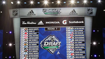 A view of the Round Seven draft board during the 2019 NHL Draft at Rogers Arena, Canada. (Photo by Bruce Bennett/Getty Images)