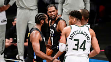 NEW YORK, NEW YORK - JUNE 15: Kevin Durant #7 of the Brooklyn Nets argues with Giannis Antetokounmpo #34 of the Milwaukee Bucks after he is fouled by him in Game Five of the Second Round of the 2021 NBA Playoffs at Barclays Center on June 15, 2021 in New York City. NOTE TO USER: User expressly acknowledges and agrees that, by downloading and or using this photograph, User is consenting to the terms and conditions of the Getty Images License Agreement. (Photo by Steven Ryan/Getty Images)