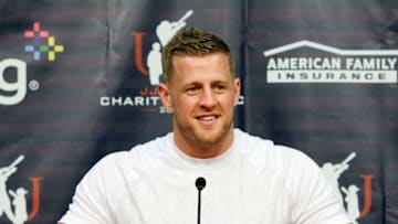 HOUSTON, TX - MAY 13: J.J. Watt of the Houston Texans addresses the media before his annual J.J. Watt Charity Softball game at Minute Maid Park on May 13, 2017 in Houston, Texas. (Photo by Bob Levey/Getty Images)