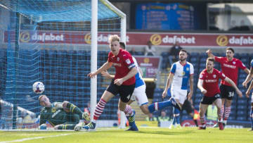 BLACKBURN, ENGLAND- APRIL 8: Marc Roberts of Barnsley scores the opening goal during the Sky Bet Championship match between Blackburn Rovers and Barnsley at Ewood Park on April 8, 2017 in Blackburn, England. (Photo by Nathan Stirk/Getty Images)