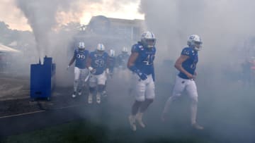 LAWRENCE, KANSAS - SEPTEMBER 21: Members of the Kansas Jayhawks take to the field prior to a game West Virginia Mountaineers second quarter at Memorial Stadium on September 21, 2019 in Lawrence, Kansas. (Photo by Ed Zurga/Getty Images)