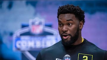 INDIANAPOLIS, IN - FEBRUARY 26: Hakeem Adeniji #OL02 of the Kansas Jayhawks speaks to the media at the Indiana Convention Center on February 26, 2020 in Indianapolis, Indiana. (Photo by Michael Hickey/Getty Images) *** Local caption *** Hakeem Adeniji