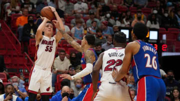 Miami Heat forward Duncan Robinson (55) attempts a three point shot over Washington Wizards forward Kyle Kuzma (33) (Jasen Vinlove-USA TODAY Sports)