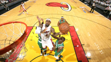 MIAMI, FL - JUNE 5: LeBron James #6 of the Miami Heat goes to the basket in Game Five of the Eastern Conference Finals between the Boston Celtics and the Miami Heat during the 2012 NBA Playoffs on June 5, 2012 at American Airlines Arena in Miami, Florida. NOTE TO USER: User expressly acknowledges and agrees that, by downloading and or using this photograph, User is consenting to the terms and conditions of the Getty Images License Agreement. Mandatory Copyright Notice: Copyright 2012 NBAE (Photo by Nathaniel S. Butler/NBAE via Getty Images)