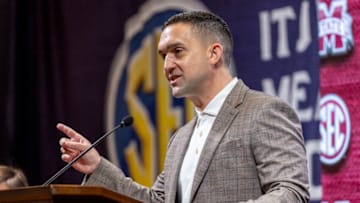 Oct 19, 2023; Birmingham, AL, USA; Mississippi State Bulldogs head coach Sam Purcell talks with the media during the SEC Basketball Tipoff at Grand Bohemian Hotel Mountain Brook. Mandatory Credit: Vasha Hunt-USA TODAY Sports