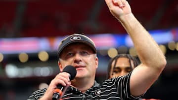 ATLANTA, GEORGIA - SEPTEMBER 03: Head coach Kirby Smart of the Georgia Bulldogs reacts after their 49-3 win over the Oregon Ducks in the Chick-fil-A Kick-Off Game at Mercedes-Benz Stadium on September 03, 2022 in Atlanta, Georgia. (Photo by Kevin C. Cox/Getty Images)