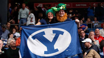 DAYTON, OH - MARCH 17: Two Brigham Young Cougars fans hold up a flag during the first round of the 2015 NCAA Men's Basketball Tournament against the Mississippi Rebels at UD Arena on March 17, 2015 in Dayton, Ohio. (Photo by Joe Robbins/Getty Images)