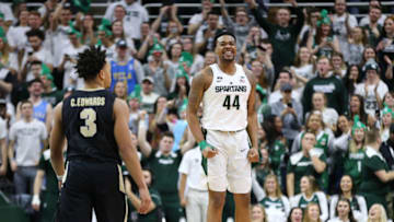 EAST LANSING, MI - FEBRUARY 10: Nick Ward #44 of the Michigan State Spartans celebrates late in the in the second half during a game against the Purdue Boilermakers at Breslin Center on February 10, 2018 in East Lansing, Michigan. (Photo by Rey Del Rio/Getty Images)