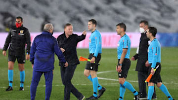 Ronald Koeman, Head Coach of FC Barcelona talks with Referee, Jesus Gil Manzano. (Photo by Angel Martinez/Getty Images)