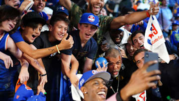 BROOKLYN, NY - JUNE 20: RJ Barrett takes a selfie with fans after being selected third overall by the New York Knicks during the 2019 NBA Draft on June 20, 2019 at the Barclays Center in Brooklyn, New York. NOTE TO USER: User expressly acknowledges and agrees that, by downloading and/or using this photograph, user is consenting to the terms and conditions of the Getty Images License Agreement. Mandatory Copyright Notice: Copyright 2019 NBAE (Photo by Melanie Fidler/NBAE via Getty Images)