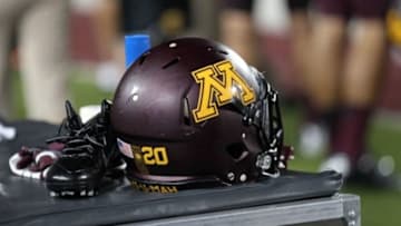 Aug 29, 2013; Minneapolis, MN, USA; A general view of a Minnesota Golden Gophers helmet during the fourth quarter against the UNLV Rebels at TCF Bank Stadium. The Gophers won 51-23. Mandatory Credit: Jesse Johnson-USA TODAY Sports