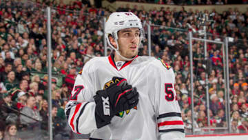 ST. PAUL, MN - FEBRUARY 8: Trevor van Riemsdyk #57 of the Chicago Blackhawks skates against the Minnesota Wild during the game on February 8, 2017 at the Xcel Energy Center in St. Paul, Minnesota. (Photo by Bruce Kluckhohn/NHLI via Getty Images)