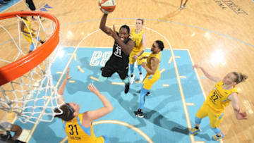 CHICAGO, IL - JULY 1: Tina Charles #31 of the New York Liberty shoots the ball against the Chicago Sky on July 1, 2018 at Wintrust Arena in Chicago, Illinois. NOTE TO USER: User expressly acknowledges and agrees that, by downloading and/or using this photograph, user is consenting to the terms and conditions of the Getty Images License Agreement. Mandatory Copyright Notice: Copyright 2018 NBAE (Photo by Gary Dineen/NBAE via Getty Images)