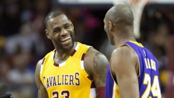 Feb 10, 2016; Cleveland, OH, USA; Cleveland Cavaliers forward LeBron James (23) talks to Los Angeles Lakers forward Kobe Bryant (24) prior to their game at Quicken Loans Arena. Mandatory Credit: David Richard-USA TODAY Sports