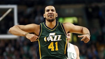 Feb 29, 2016; Boston, MA, USA; Utah Jazz forward Trey Lyles (41) reacts against the Boston Celtics during the second half at TD Garden. Mandatory Credit: Mark L. Baer-USA TODAY Sports
