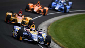 INDIANAPOLIS, IN - MAY 28: Alexander Rossi, driver of the #98 NAPA Auto Parts Honda, leads a group of cars during the 101st Indianapolis 500 at Indianapolis Motorspeedway on May 28, 2017 in Indianapolis, Indiana. (Photo by Jared C. Tilton/Getty Images)