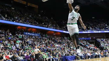Oct 8, 2016; Uncasville, CT, USA; Boston Celtics forward Jaylen Brown (7) dunks in a preseason game against the Charlotte Hornets at Mohegan Sun Arena. Mandatory Credit: Wendell Cruz-USA TODAY Sports