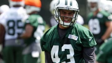 Jun 17, 2014; Florham Parl, NJ, USA; New York Jets cornerback Dexter McDougle (43) during minicamp at Atlantic Health Training Center. Mandatory Credit: Noah K. Murray-USA TODAY Sports