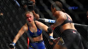 December 30, 2016; Las Vegas, NV, USA; Amanda Nunes lands punches against Ronda Rousey during UFC 207 at T-Mobile Arena. Mandatory Credit: Mark J. Rebilas-USA TODAY Sports
