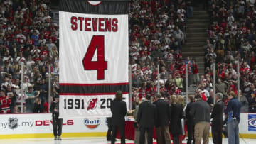 EAST RUTHERFORD, NJ - FEBRUARY 3: Scott Stevens #4 jersey is retired by the New Jersey Devils before their game against the Carolina Hurricanes on February 3, 2006 at the Continental Airlines Arena in East Rutherford, New Jersey. (Photo by Bruce Bennett/Getty Images)