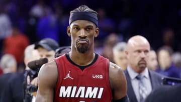 Jimmy Butler #22 of the Miami Heat reacts after defeating the Philadelphia 76ers 99-90 in Game Six of the 2022 NBA Playoffs Eastern Conference Semifinals at Wells Fargo Center on May 12, 2022 in Philadelphia, Pennsylvania. NOTE TO USER: User expressly acknowledges and agrees that, by downloading and/or using this photograph, User is consenting to the terms and conditions of the Getty Images License Agreement. (Photo by Tim Nwachukwu/Getty Images)