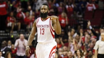 Nov 27, 2015; Houston, TX, USA; Houston Rockets shooting guard James Harden (13) reacts after a shot against the Philadelphia 76ers during the second half at Toyota Center. Mandatory Credit: Soobum Im-USA TODAY Sports