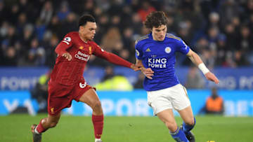 LEICESTER, ENGLAND - DECEMBER 26: Trent Alexander-Arnold of Liverpool battles for possession with Caglar Soyuncu of Leicester City during the Premier League match between Leicester City and Liverpool FC at The King Power Stadium on December 26, 2019 in Leicester, United Kingdom. (Photo by Michael Regan/Getty Images)