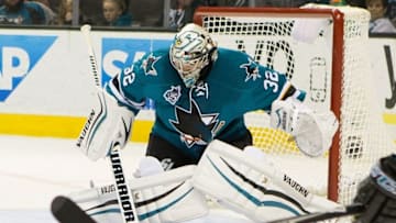 Jan 2, 2016; San Jose, CA, USA; San Jose Sharks goalie Alex Stalock (32) makes a save against Winnipeg Jets in the third period at SAP Center at San Jose. The Winnipeg Jets defeat the San Jose Sharks 4 to 1. Mandatory Credit: Neville E. Guard-USA TODAY Sports