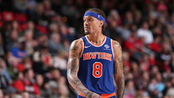 PORTLAND, OR - MARCH 6: Michael Beasley #8 of the New York Knicks looks on during the game against the against the Portland Trail Blazers on March 6, 2018 at the Moda Center Arena in Portland, Oregon. NOTE TO USER: User expressly acknowledges and agrees that, by downloading and or using this photograph, user is consenting to the terms and conditions of the Getty Images License Agreement. Mandatory Copyright Notice: Copyright 2018 NBAE (Photo by Sam Forencich/NBAE via Getty Images)
