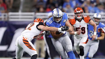 Aug 18, 2016; Detroit, MI, USA; Detroit Lions tight end Cole Wick (89) gets tackled by Cincinnati Bengals safety Clayton Fejedelem (42) during the second quarter at Ford Field. Mandatory Credit: Raj Mehta-USA TODAY Sports