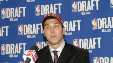 NEW YORK - JUNE 24: Rafael Araujo of the Toronto Raptors talks with the media after the 2004 NBA Draft at Madison Square Garden on June 24, 2004 in New York, New York. NOTE TO USER: User expressly acknowledges and agrees that, by downloading and/or using this Photograph, user is consenting to the terms and conditions of the Getty Images License Agreement. Mandatory Copyright Notice: Copyright 2004 NBAE (Photo by Steve Freeman/NBAE via Getty Images)