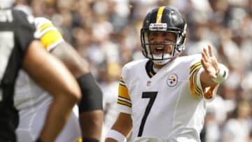 September 23, 2012; Oakland, CA, USA; Pittsburgh Steelers quarterback Ben Roethlisberger (7) calls a play against the Oakland Raiders in the first quarter at O.co Coliseum. Mandatory Credit: Cary Edmondson-USA TODAY Sports