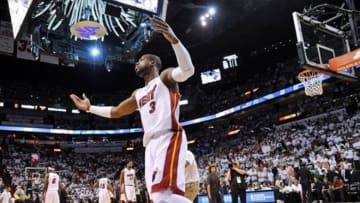 May 30, 2013; Miami, FL, USA; Miami Heat shooting guard Dwyane Wade (3) reacts during the first half in game five of the Eastern Conference finals of the 2013 NBA Playoffs against the Indiana Pacers at American Airlines Arena. Mandatory Credit: Steve Mitchell-USA TODAY Sports