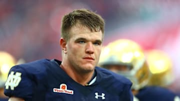 Jan 1, 2016; Glendale, AZ, USA; Notre Dame Fighting Irish offensive lineman Mike McGlinchey (68) against the Ohio State Buckeyes during the 2016 Fiesta Bowl at University of Phoenix Stadium. Mandatory Credit: Mark J. Rebilas-USA TODAY Sports