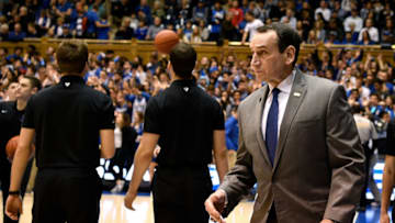 DURHAM, NC - FEBRUARY 02: Head coach Mike Krzyzewski of the Duke basketball team walks toward his bench prior to their game against the St. John's Red Storm at Cameron Indoor Stadium on February 2, 2019 in Durham, North Carolina. (Photo by Lance King/Getty Images)