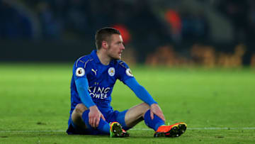 LEICESTER, ENGLAND - FEBRUARY 05: A dejected looking Jamie Vardy of Leicester City during the Premier League match between Leicester City and Manchester United at The King Power Stadium on February 5, 2017 in Leicester, England. (Photo by Catherine Ivill - AMA/Getty Images)