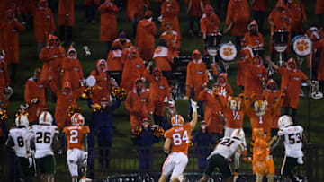 Oct 10, 2020; Clemson, South Carolina, USA; Clemson Tigers tight end Davis Allen (84) scores a touchdown against the Miami Hurricanes during the fourth quarter at Memorial Stadium. Mandatory Credit: Ken Ruinard-USA TODAY Sports