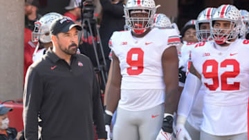 LINCOLN, NE - NOVEMBER 6: Head coach Ryan Day of the Ohio State Buckeyes prepares to take the field before the game against the Nebraska Cornhuskers at Memorial Stadium on November 6, 2021 in Lincoln, Nebraska. (Photo by Steven Branscombe/Getty Images)