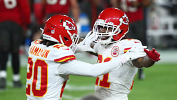 Kansas City Chiefs cornerback Bashaud Breeland (21) celebrates with cornerback Antonio Hamilton (20) after an interception - Mandatory Credit: Kim Klement-USA TODAY Sports