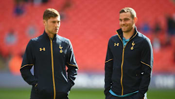 LONDON, ENGLAND - APRIL 22: Vincent Janssen of Tottenham Hotspur (R) and Ben Davies of Tottenham Hotspur look on during The Emirates FA Cup Semi-Final between Chelsea and Tottenham Hotspur at Wembley Stadium on April 22, 2017 in London, England. (Photo by Laurence Griffiths/Getty Images)