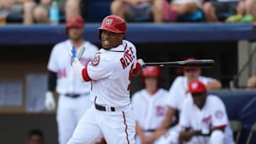 Mar 13, 2016; Melbourne, FL, USA; Washington Nationals center fielder Ben Revere (9) swings for a pitch in the first inning against the St. Louis Cardinals at Space Coast Stadium. Mandatory Credit: Logan Bowles-USA TODAY Sports