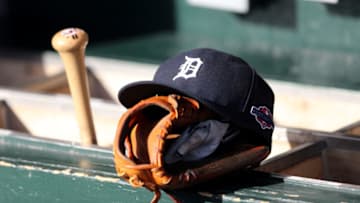 DETROIT, MI - OCTOBER 18: A detail of a Detroit Tigers hat with an official postseason logo is seen on the bat rack in the udgout againstthe New York Yankees during game four of the American League Championship Series at Comerica Park on October 18, 2012 in Detroit, Michigan. (Photo by Leon Halip/Getty Images)