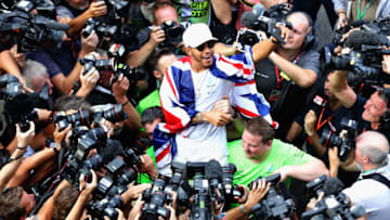MEXICO CITY, MEXICO - OCTOBER 29: Lewis Hamilton of Great Britain and Mercedes GP celebrates after winning his fourth F1 World Drivers Championship after the Formula One Grand Prix of Mexico at Autodromo Hermanos Rodriguez on October 29, 2017 in Mexico City, Mexico. (Photo by Mark Thompson/Getty Images)
