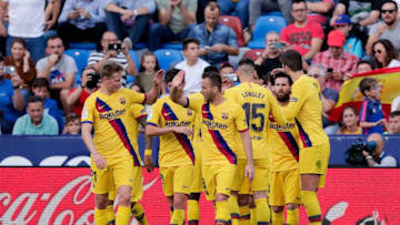 VALENCIA, SPAIN - NOVEMBER 2: Frenkie de Jong of FC Barcelona, Arthur of FC Barcelona, Lionel Messi of FC Barcelona, celebrates the 0-1 during the La Liga Santander match between Levante v FC Barcelona at the Estadi Ciutat de Valencia on November 2, 2019 in Valencia Spain (Photo by Jeroen Meuwsen/Soccrates/Getty Images)