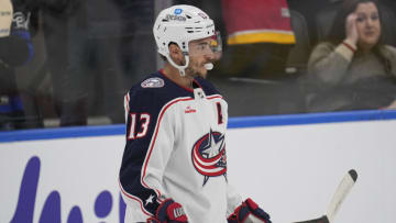 Feb 11, 2023; Toronto, Ontario, CAN; Columbus Blue Jackets forward Johnny Gaudreau (13) blows a bubble during the warm-up before a game against the Toronto Maple Leafs at Scotiabank Arena. Mandatory Credit: John E. Sokolowski-USA TODAY Sports
