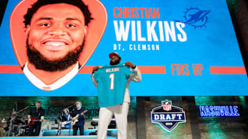 NASHVILLE, TENNESSEE - APRIL 25: Christian Wilkins of Clemson reacts after being chosen #13 overall by the Miami Dolphins during the first round of the 2019 NFL Draft on April 25, 2019 in Nashville, Tennessee. (Photo by Andy Lyons/Getty Images)