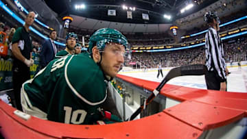 Oct 10, 2015; Saint Paul, MN, USA; Minnesota Wild forward Jordan Schroeder (10) in the third period against the St Louis Blues at Xcel Energy Center. The Minnesota Wild beat the St Louis Blues 3-2. Mandatory Credit: Brad Rempel-USA TODAY Sports