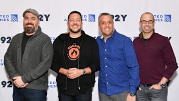 NEW YORK, NEW YORK - FEBRUARY 20: (L-R) Brian “Q” Quinn, Sal Vulcano, Joe Gatto, and James “Murr” Murray attend "Impractical Jokers: The Movie" A Conversation With The Tenderloins at 92nd Street Y on February 20, 2020 in New York City. (Photo by Dia Dipasupil/Getty Images)